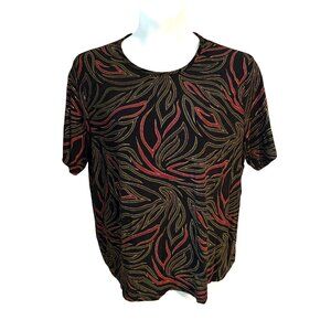 Kathy Ireland Plus 1X Top Black Gold Red Abstract Metallic Leaf Print Stretch